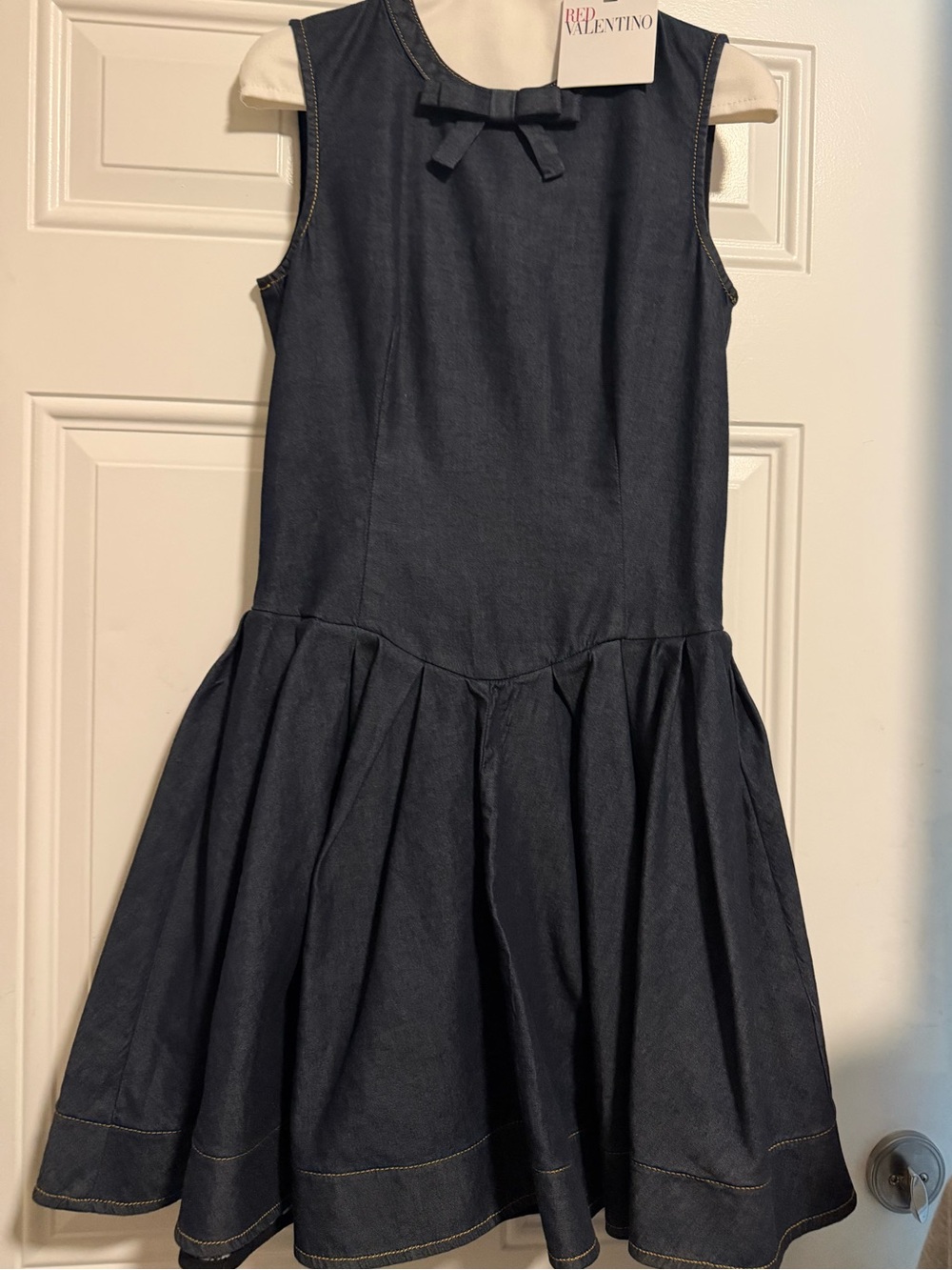 RED Valentino Girls' Dark Blue Sleeveless Denim Dress with Bow